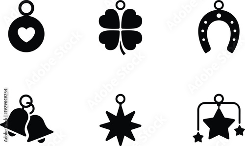 Lucky charm flat vector illustration set featuring heart, clover, horseshoe, bells, and star icons for jewelry design