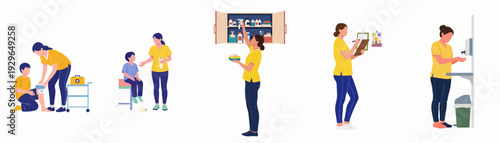 Caregiver providing first aid, hygiene, and medical assistance for children, illustrated in a series of daily health tasks.