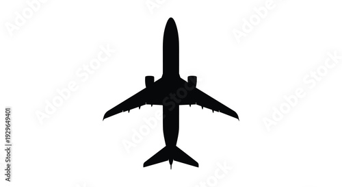 A stark black silhouette of a passenger airplane viewed from directly above emphasizing its streamlined design silhouette high quality