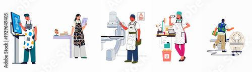 Diverse medical imaging professionals utilizing advanced technology for diagnosis and patient care, showcasing radiology, MRI, CT, and X-ray procedures.