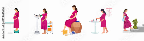 Pregnant woman's prenatal care journey: weight check, blood pressure, fetal monitoring, medication, and daily life activities, depicting comprehensive maternity health.