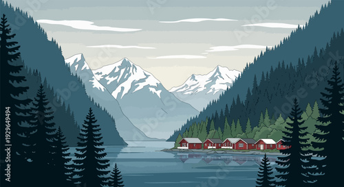 Serene lake surrounded by mountains and forest with red cabins.