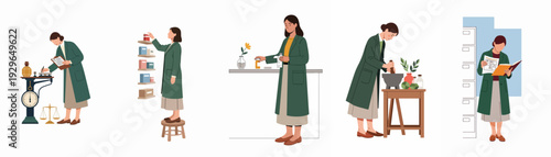 Woman in green coat performing diverse pharmaceutical and herbal tasks: measuring, mixing, organizing, and researching traditional remedies and compounds.