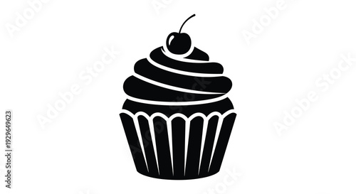 A delectable black silhouette of a frosted cupcake with a single cherry on top silhouette high quality professional detailed