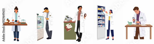 Diverse Pharmacists Working in a Pharmacy: Preparing, Dispensing, and Organizing Medications, Illustrating Healthcare and Pharmaceutical Services.