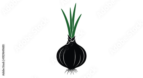 A striking minimalist black silhouette of an onion with green leaves against a plain white background silhouette high quality