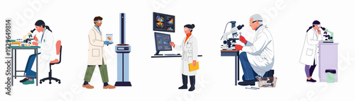 Diverse scientists conducting various experiments and research in a modern laboratory setting, utilizing microscopes, data analysis, and advanced equipment.