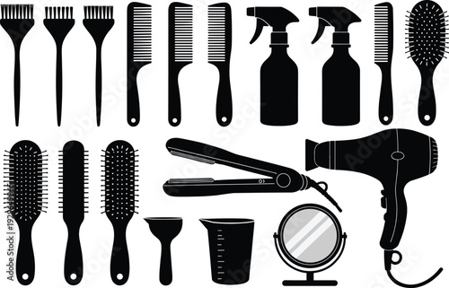 Black silhouette icons featuring professional hair salon tools including blow dryer straightener brushes combs spray bottles and mirrors for beauty services.