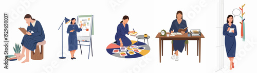 Dynamic workflow of a creative woman: concept development, strategic planning, brainstorming, and diligent work, showcasing productivity and innovation in different professional settings.