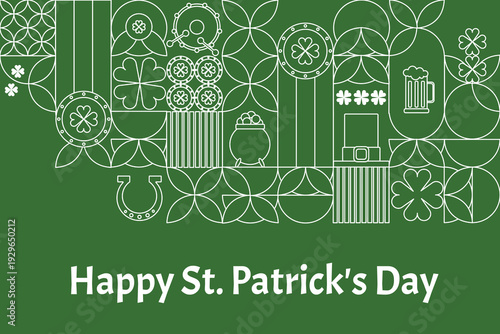 Modern St Patrick''s Day geometric design with shamrocks, horseshoe, beer mug and leprechaun hat in clean white line art on green background.