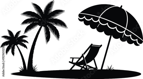 A serene beach scene with palm trees a deck chair and a parasol on a sunny day