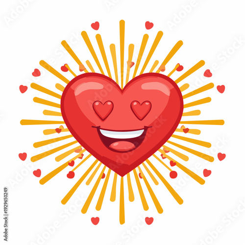 Red heart emoticon with smiling face surrounded by golden rays and small hearts.