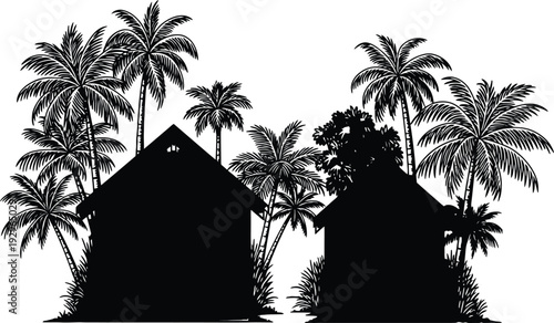 Tropical island huts and palm trees silhouette