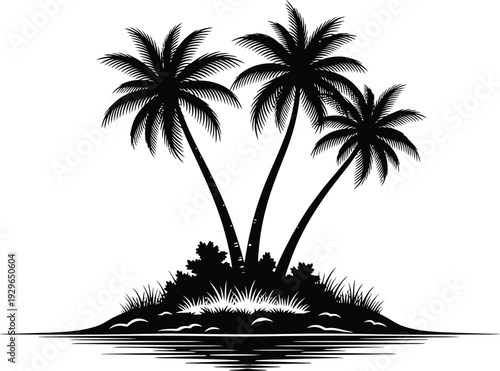 Serene tropical island with three palm trees on a small landmass