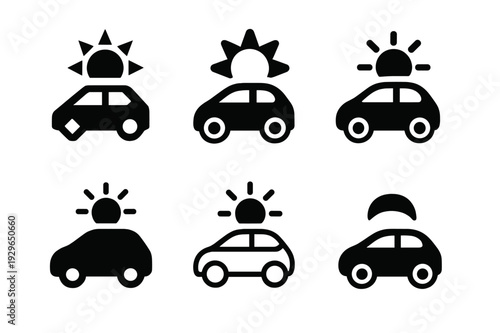 Solar-Powered Vehicle Logos. Solar-powered city transport vehicles. Icon set. Set Logo of Solar-powered city transport vehicles: rideshare hatchback with sun