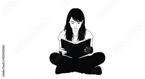 Black and white vector illustration of a young woman sitting cross legged while reading a large book