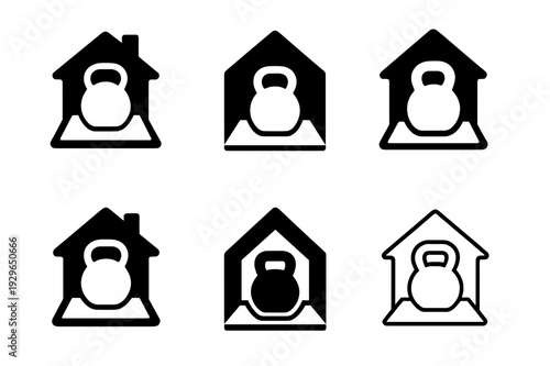 Home Fitness Logos. Fitness at home. Icon set. Set Logo of Fitness at home: kettlebell on floor mat. harmonious logo variations of the same emblematic concept,