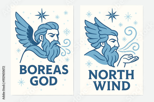 Boreas Wind Power. North Wind Deity. Two vertical A6 banners with safe margins, centered composition, no elements touching edges, flat vector design, arctic