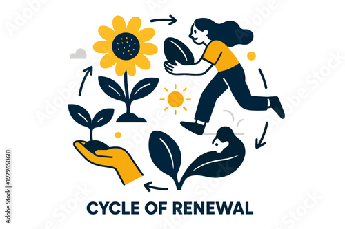 Cycle of Renewal. Seeds ? Seasonal Cycle. Circular composition of sprout > flower > seed; small arrows trace time?s rhythm. Tag ?cycle of renewal?. Modern flat