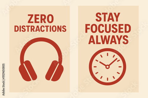 Zero Distractions Banners. Zero distractions. Two vertical A6 banners with safe margins, centered composition, no elements touching edges, flat vector design,