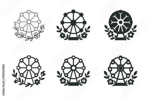 May Day Logos. May day at an amusement park. Icon set. Set Logo of May day at an amusement park: ferris wheel with floral wreath. harmonious logo variations of