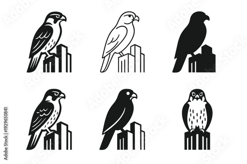 Urban Wildlife Logo Set. Urban wildlife. Icon set. Set Logo of Urban wildlife: peregrine falcon on skyscraper ledge. harmonious logo variations of the same