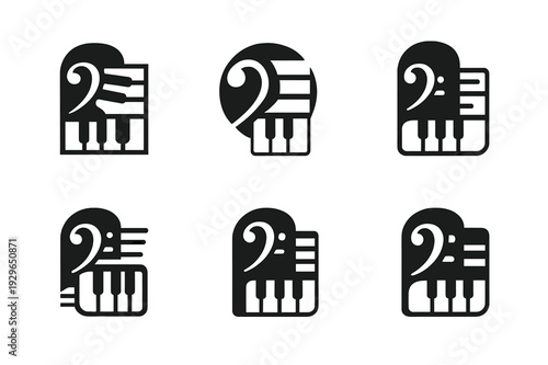 Piano Sheet Logo Set. Piano and sheet music. Icon set. Set Logo of Piano and sheet music: bass clef symbol. harmonious logo variations of the same emblematic