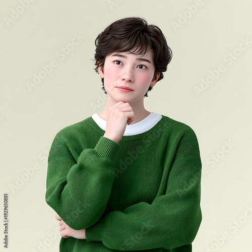 Wallpaper Mural Thoughtful young woman in green sweater on light green background Torontodigital.ca