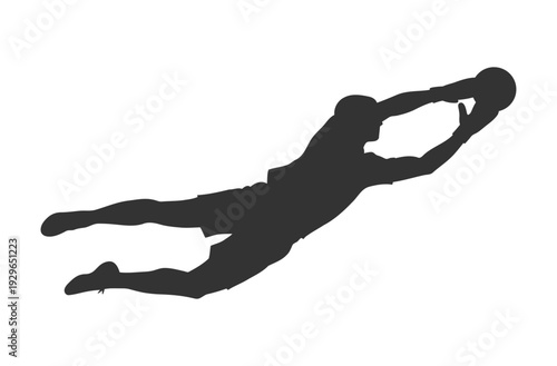 Soccer goalkeeper silhouette diving to catch football ball flat vector design.
