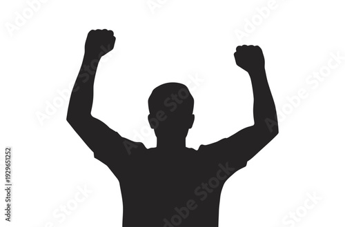 Silhouette of a man celebrating success with raised fists flat vector design.