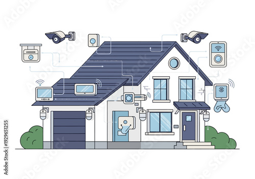 A modern house with security cameras and smart home devices installed.