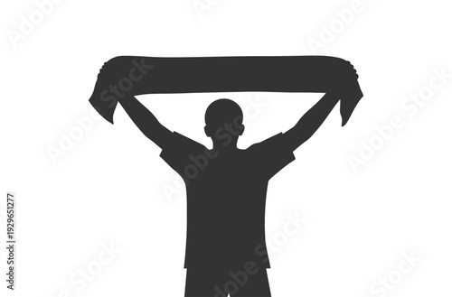 Soccer fan silhouette holding up scarf in celebration flat vector illustration.