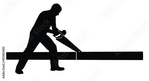 Silhouette graphic illustration of a worker carefully sawing through a long wooden plank with precision