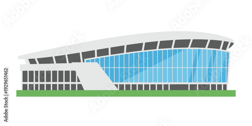 Modern sports stadium building architecture with glass facade and flat vector design.