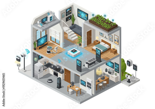 Isometric illustration of a modern house with multiple rooms and furniture from an aerial viewpoint