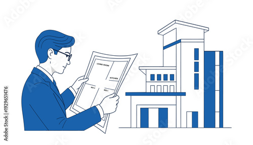 Professional architect holding house blueprint plan for modern building construction vector.