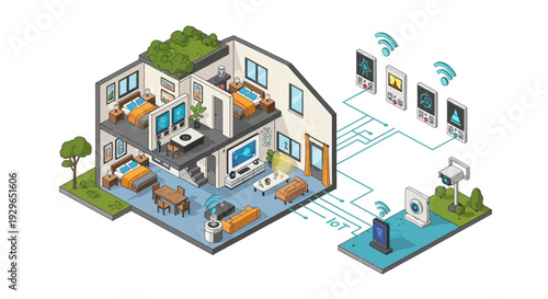Smart home technology illustration showcasing automated systems and connected devices in a modern residence
