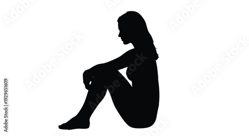 Simple vector graphic illustration of a female silhouette sitting down in a contemplative pose.
