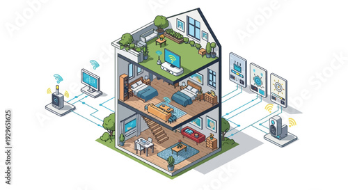 Aerial view of a modern three-story house with smart home technology and lush garden