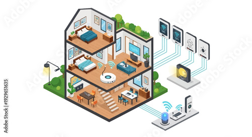 A futuristic smart home with automated systems and modern appliances is illustrated in a 3D isometric view