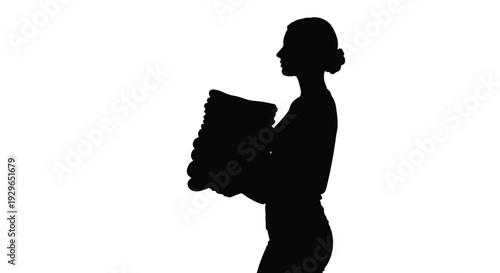 Clean vector graphic illustration featuring a woman in profile carrying a large stack of towels.