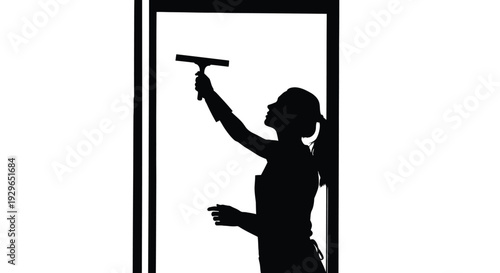 Silhouette vector graphic illustration of a woman cleaning a window with a squeegee tool