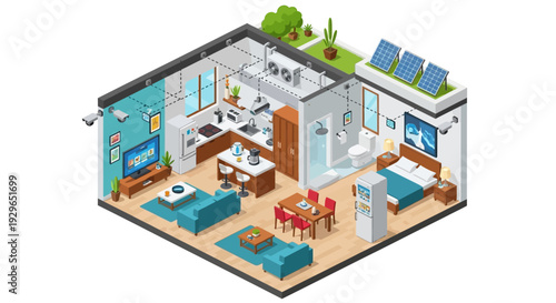 Isometric view of a modern eco-friendly home interior with furniture and solar panels on the roof