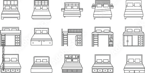 Bed furniture collection set, modern wooden bunk storage platform beds front view bedroom interior vector outline illustration isolated