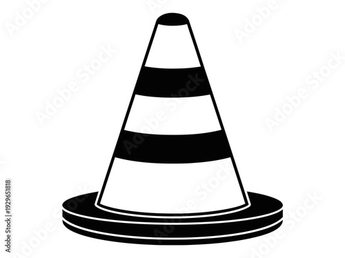 Traffic cone standing upright on a circular base with distinctive black and white stripes clearly visible