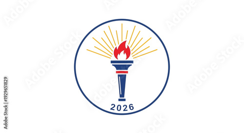 Olympic torch logo emblem with flame and radiant sunburst design.