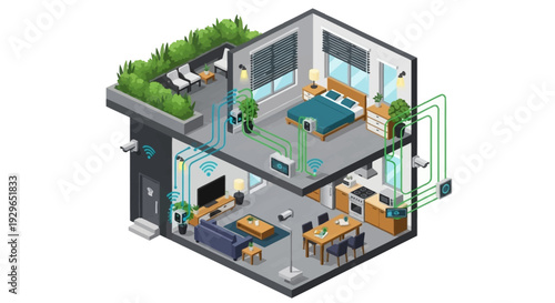 Isometric illustration of a modern house with rooftop garden and various rooms