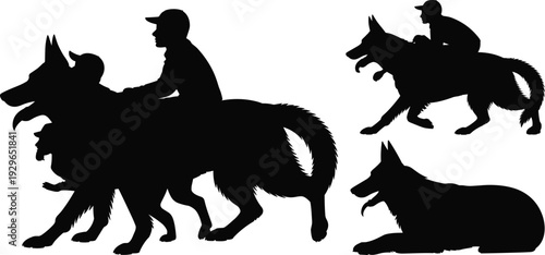 Boy riding German shepherd silhouette illustration, child and dog companion set, playful pet action poses, canine training vector, loyalty concept