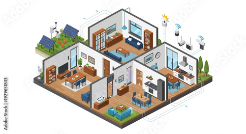 Isometric illustration of a modern home interior with furniture and decorations