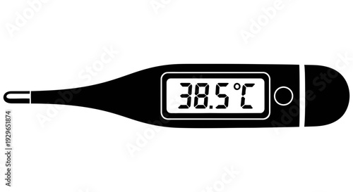 Digital thermometer displaying elevated body temperature reading of thirty eight point five degrees celsius indicating mild fever or illness in a simple and clean illustration style